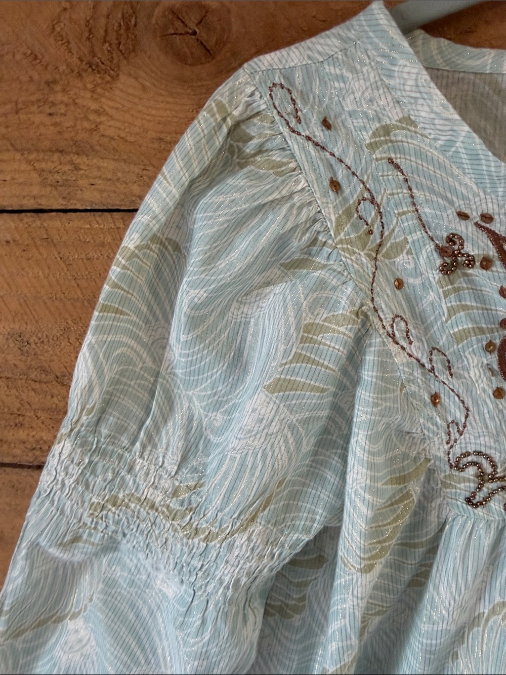 DKNY Light Blue Embroidered Tie-Neck Peasant Top - Picture 4 of 10